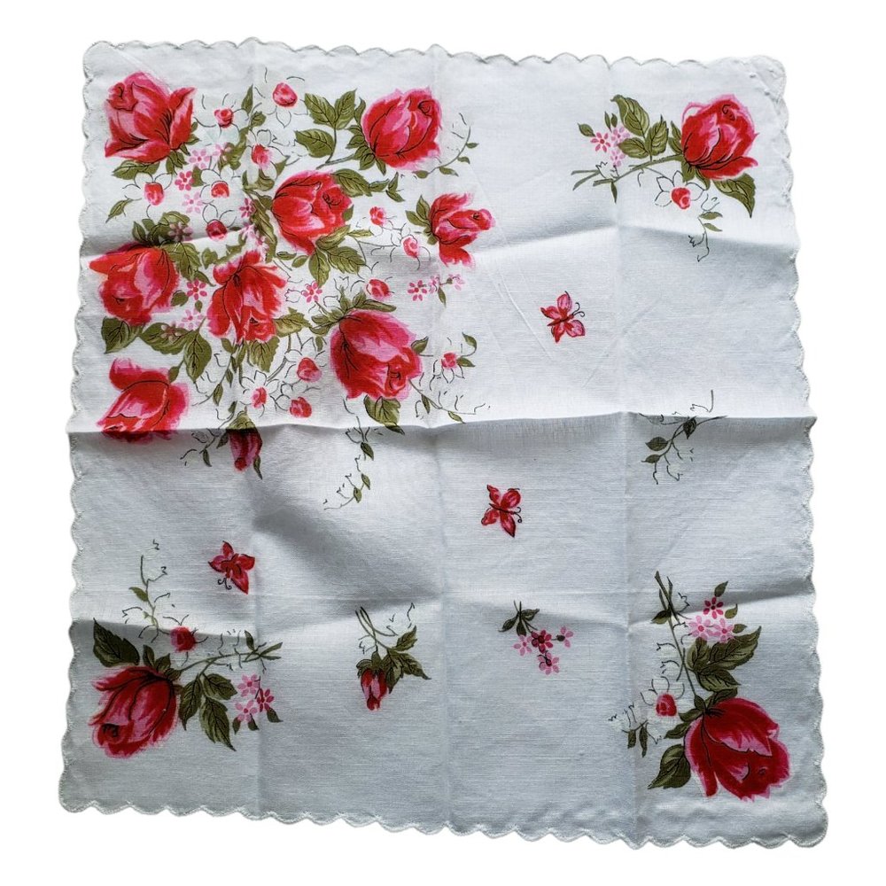 Vintage Ladies Handkerchief /Hankies Pink Red Scalloped Roses Butterflies - Picture 2 of 5